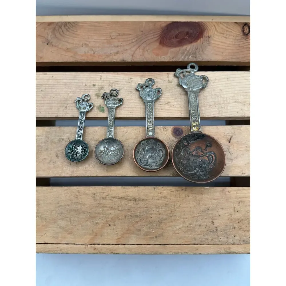 Vintage Pewter & Copper Tone Teapot Measuring Spoons - (Set of 4)